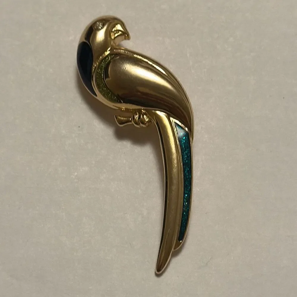 Liz Claiborne Gold Tone Green Enamel Clear Rhinestone Parrot Bird Brooch Vintage